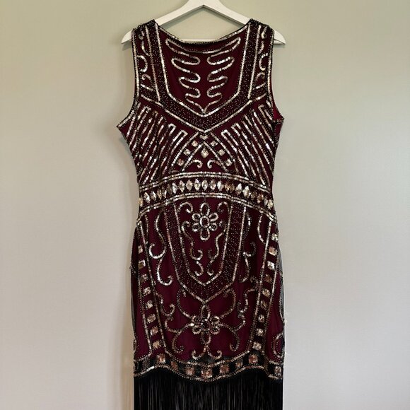 Vintage style burgundy & gold flapper dress - Picture 2 of 4